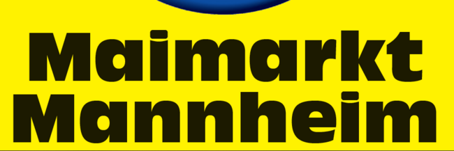 Logo Maimarkt 2024 Weißblaurotes Logo auf gelbem Untergrund, Schrift: Maimarkt Mannheim