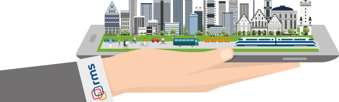 Grafik, Hand hält die Stadt Frankfurt auf einem Tablet