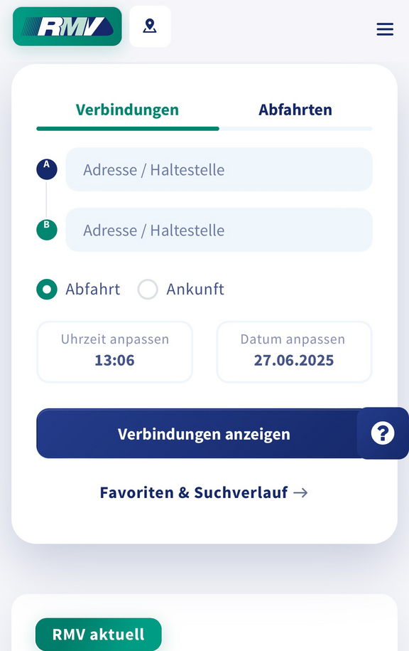 Screenshot der mobilen Ansicht von rmv.de mit Verbindungssuche und Login-Bereich