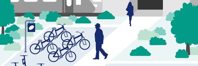 Grafik Mobilitätsstationen Grafik Mobilitätsstationen mit Piktos von S-Bahn, U-Bahn und Straßenbahn, stilisierte Autos, Fahrräder, Elektro-Roller und Menschen