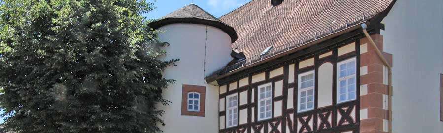 Brueder Grimm-Haus Aussenansicht Fachwerk-Haus mit seitlichem Rund-Turm, davor ein großer Baum mit Rund-Bank