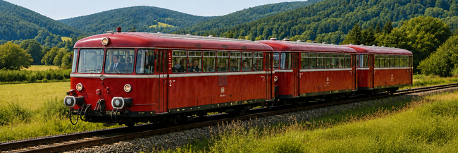 Historische rote Bahn fährt durch Landschaft