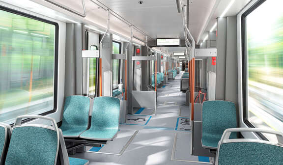 Grafik eines hellgrauen Zug-Innenraums mit türkisfarbenen Sitzen