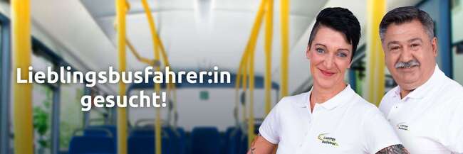 Zwei Busfahrer in einem Bus, Schrift: LieblingsbusfahrerIn gesucht!